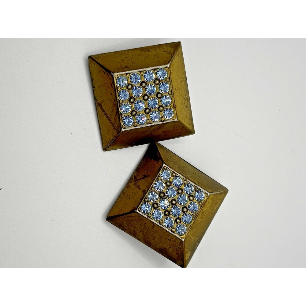 Vintage Rhinestone Clip On Earrings Square Gold Tone Jewelry Retro Cocktail Deco